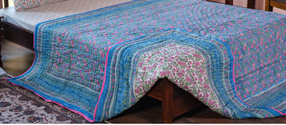 Blue Pink Blossom Queen Size Quilt