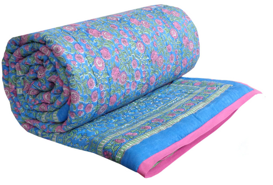 Blue Pink Blossom Queen Size Quilt