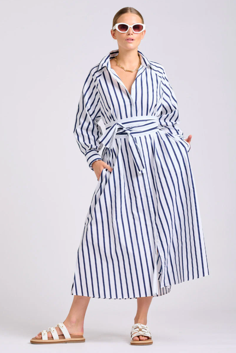 Shirty 'Gigi' Relaxed Dress - White with Navy Stripe