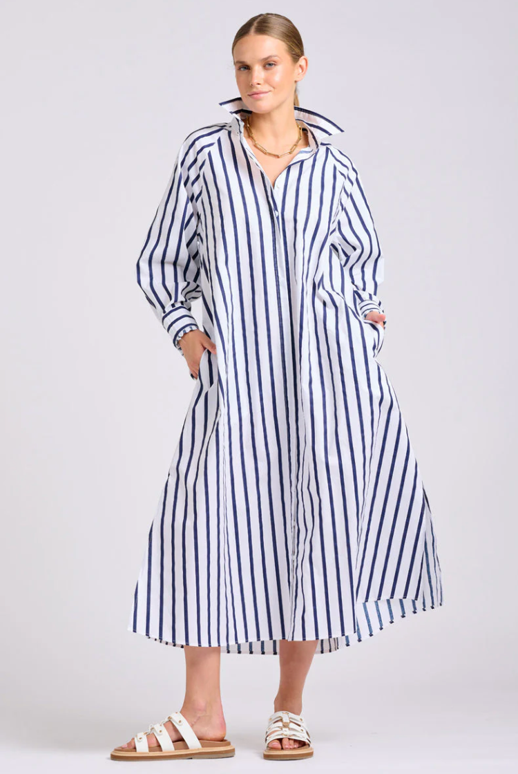 Shirty 'Gigi' Relaxed Dress - White with Navy Stripe