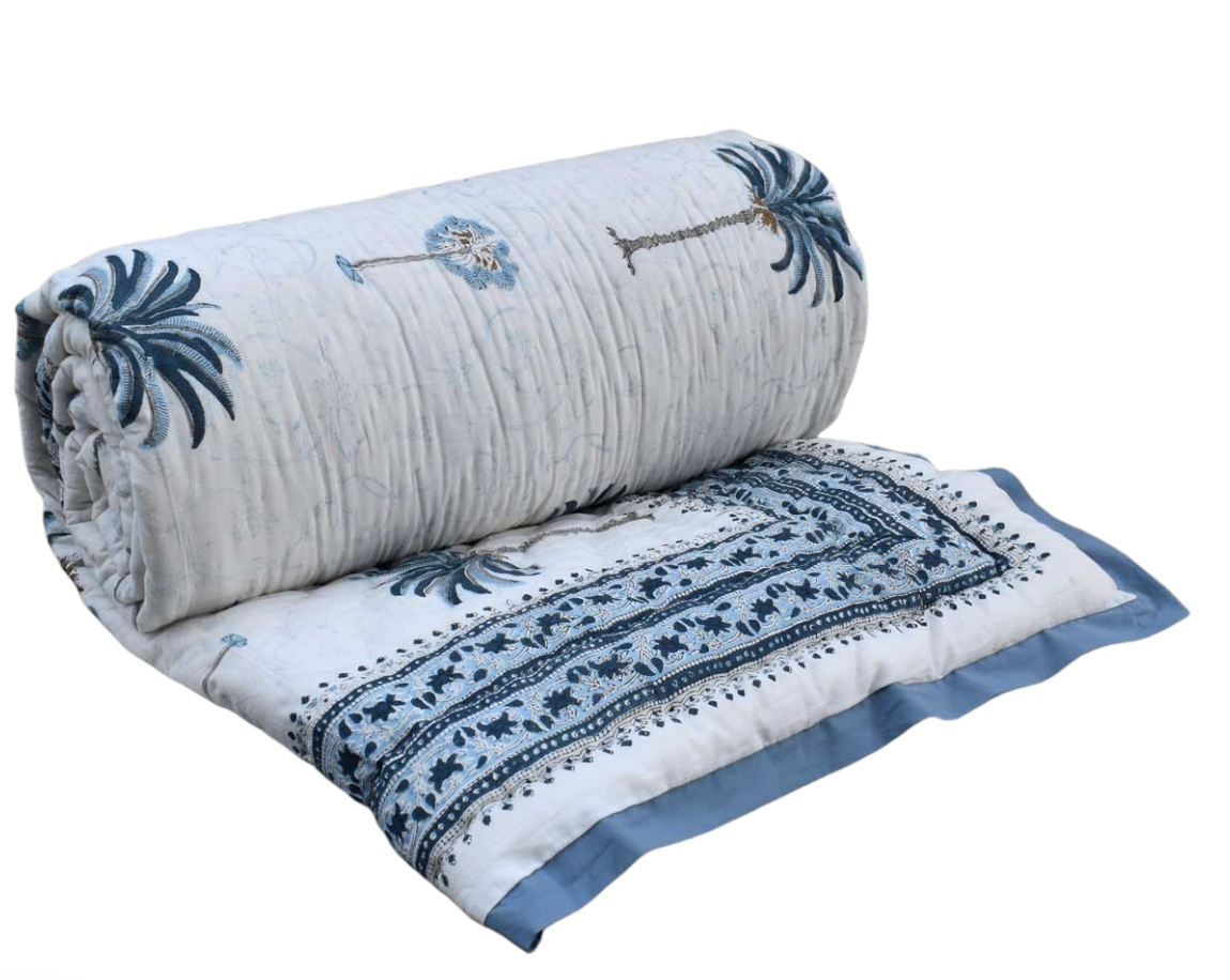 'Blue Palms' Queen Size Quilt