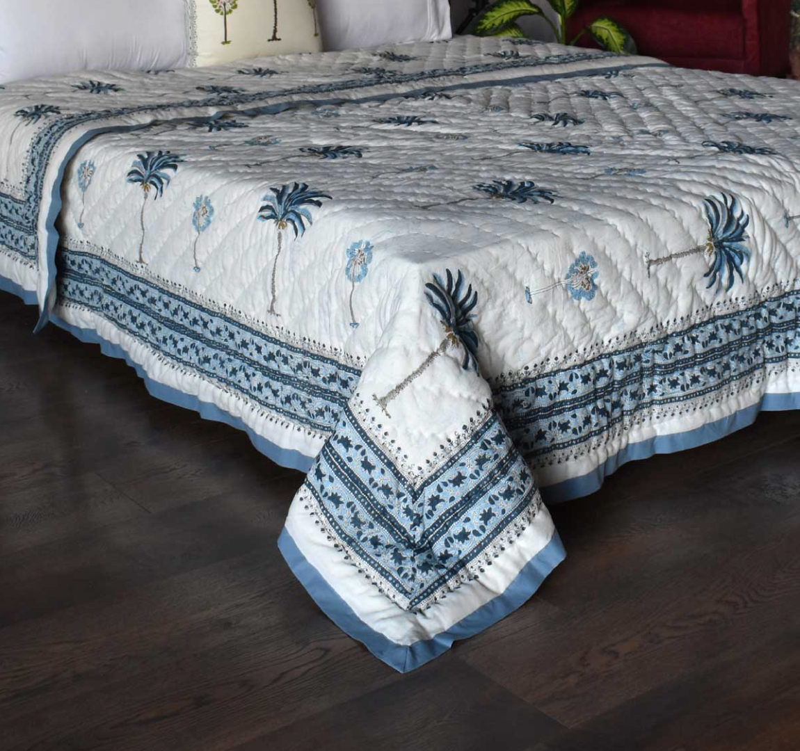 'Blue Palms' Queen Size Quilt